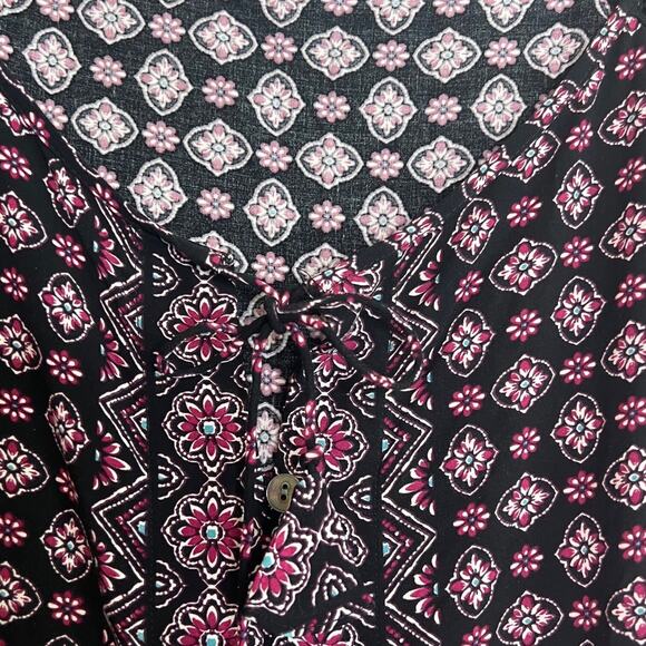 J Jill Womens Floral Blouse Size Large Black Burgundy Button Ties at Neck Boho - Picture 3 of 7